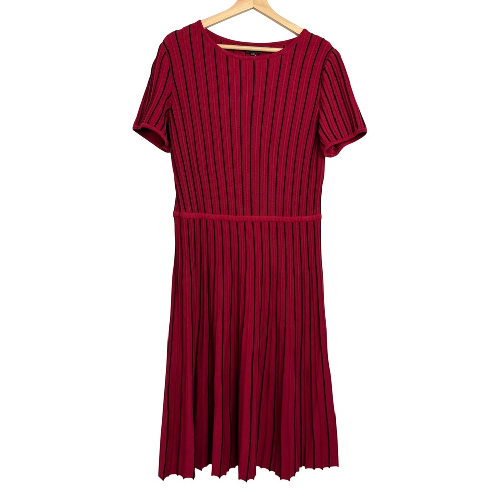 Ming Wang Red Black Striped Knit Pleated Short Sleeve A-Line Dress Medium